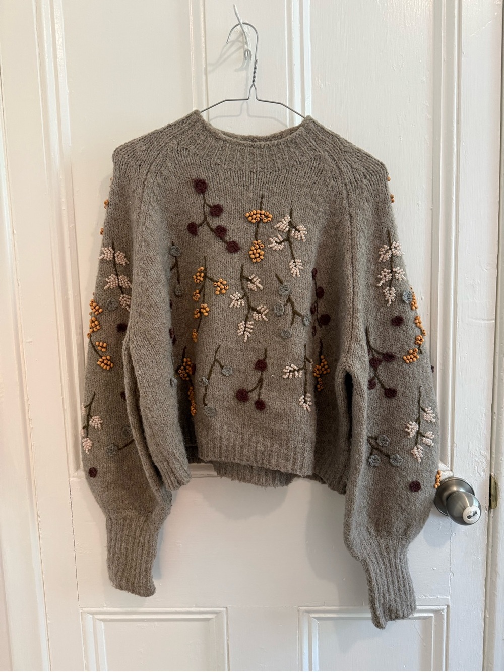 Zara Embroidered Beaded Floral Sweater Taupe Grey Size M